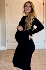 Black Ribbed Knit Off Shoulder Fold Over Maternity Midi Dress