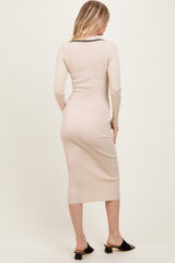 Cream Contrast Trim Ribbed Knit Button Up Midi Dress
