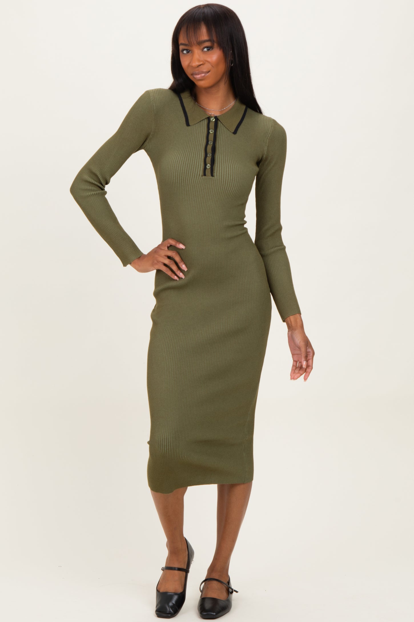 Olive Contrast Trim Ribbed Knit Button Up Midi Dress PinkBlush Olive Contrast Trim Ribbed Knit Button Up Midi Dress PinkBlush