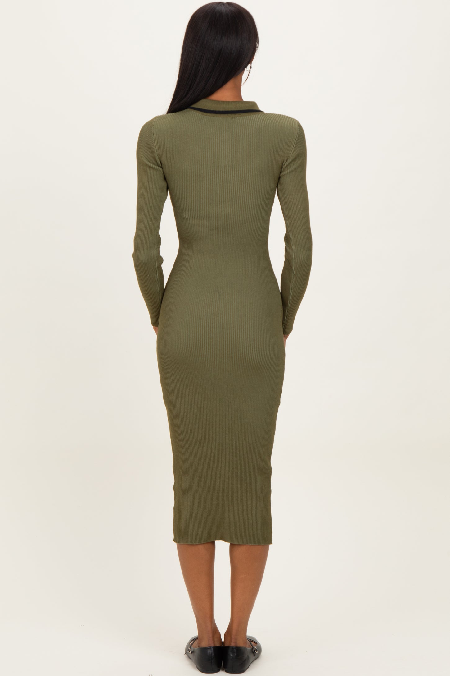 Olive Contrast Trim Ribbed Knit Button Up Midi Dress Olive Contrast Trim Ribbed Knit Button Up Midi Dress