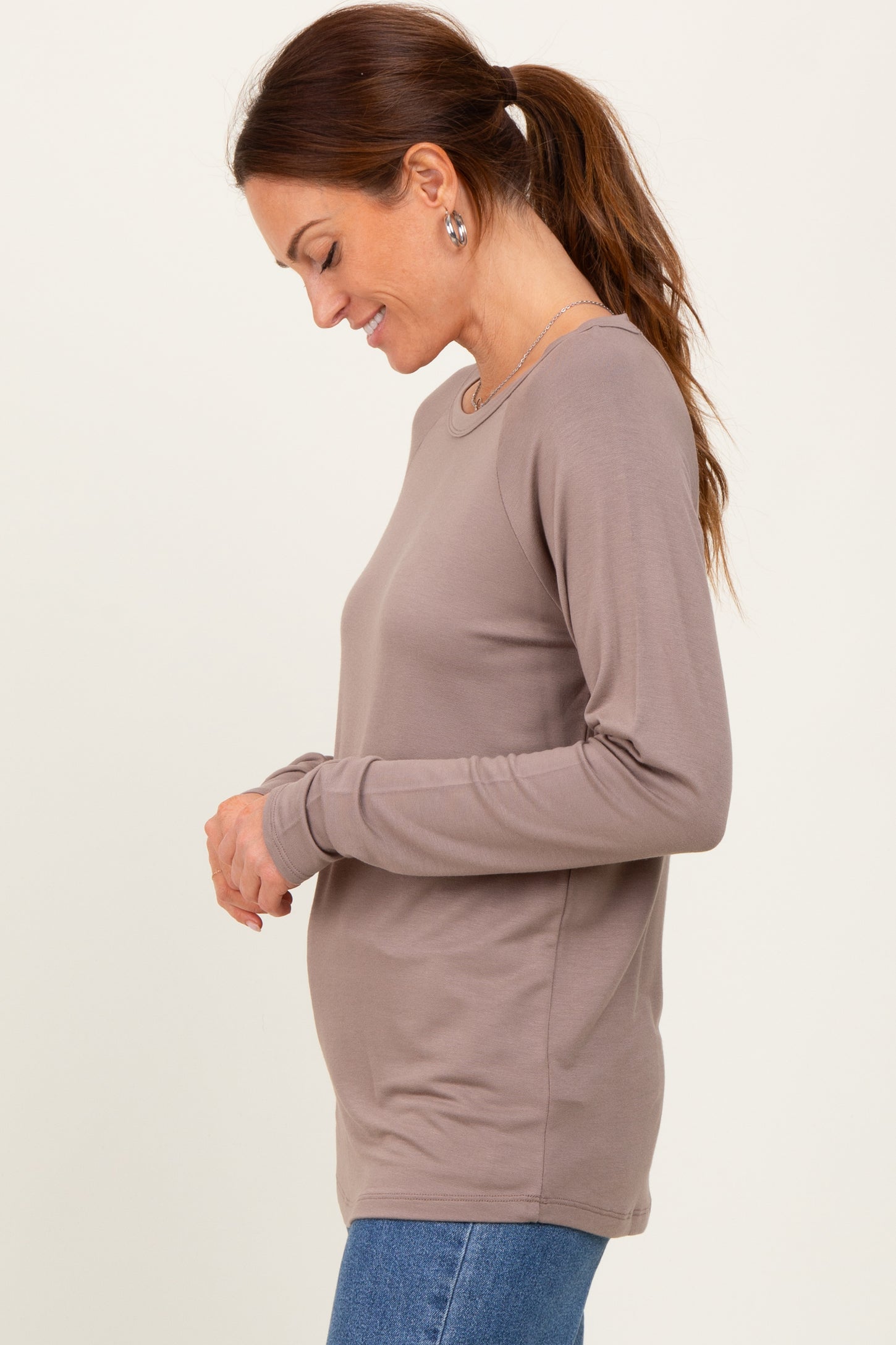 Light Taupe Basic Boatneck Long Sleeve Top