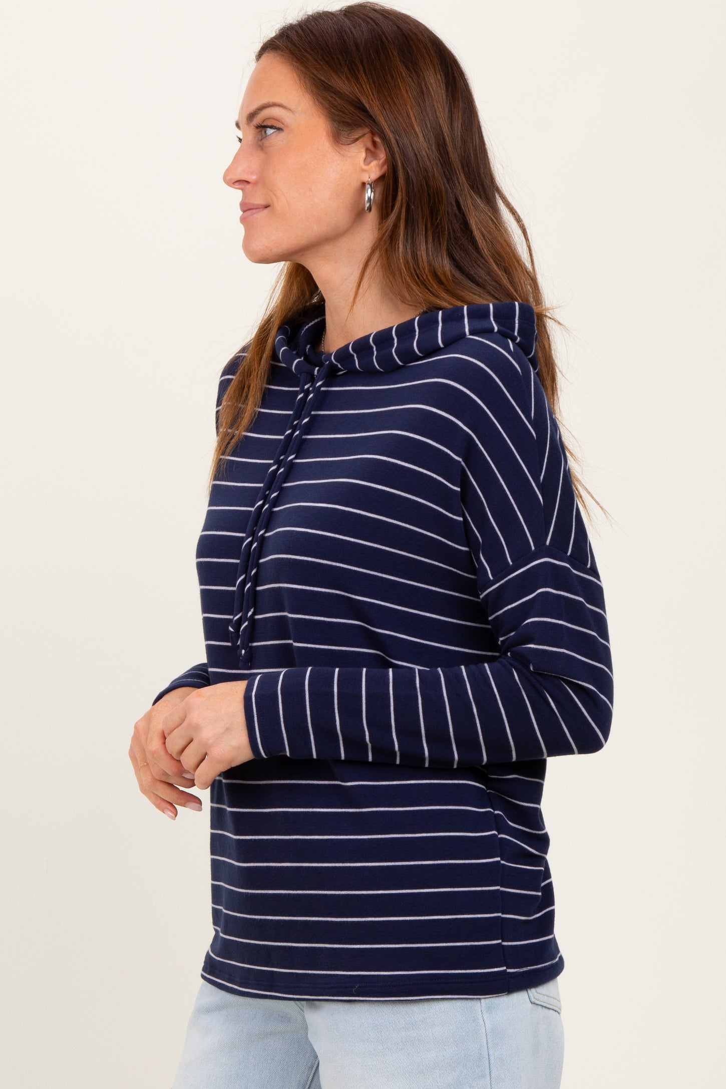 Navy Striped Drawstring Hoodie Top