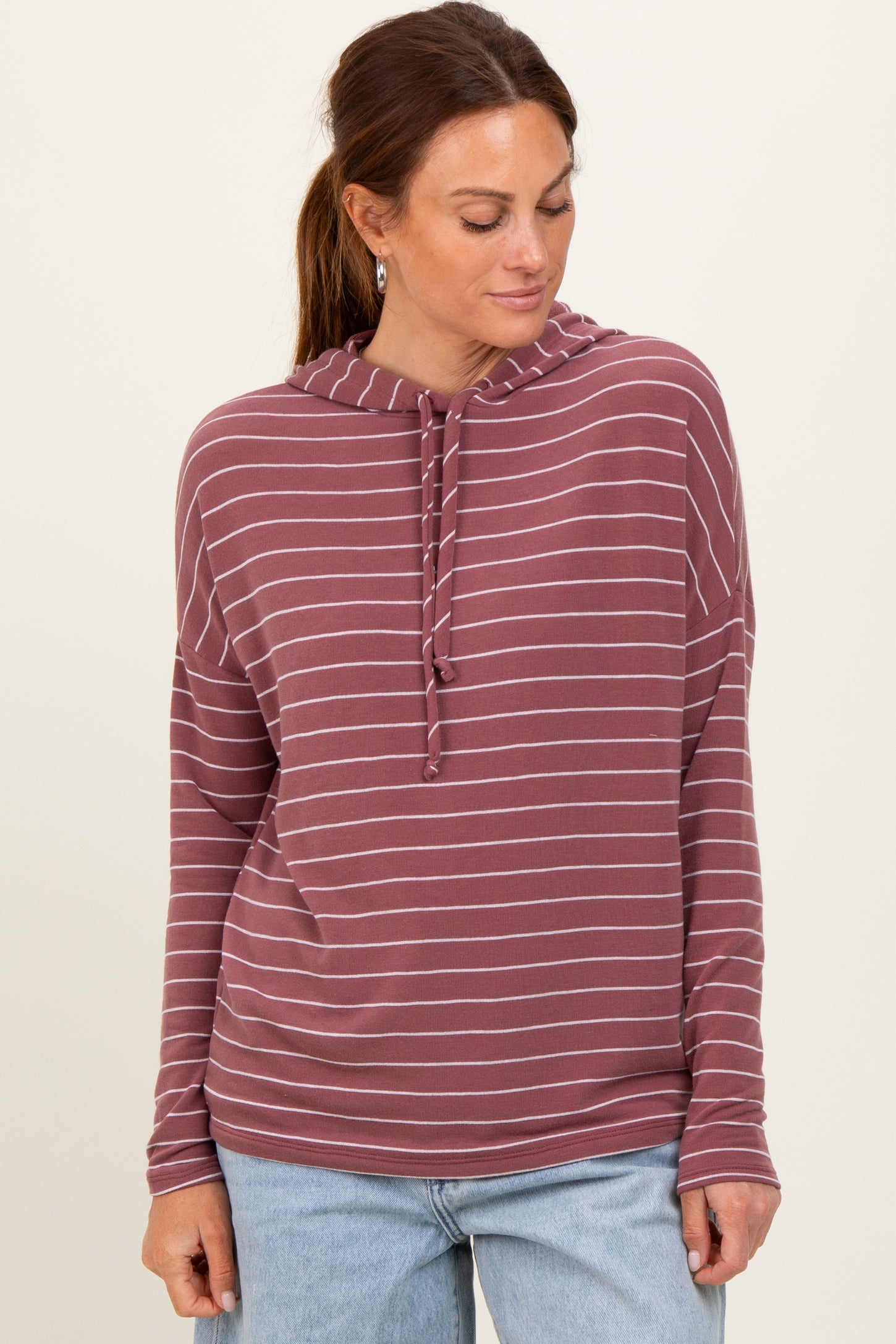 Mauve Striped Drawstring Hoodie Maternity Top