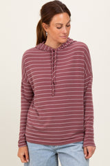 Mauve Striped Drawstring Hoodie Top