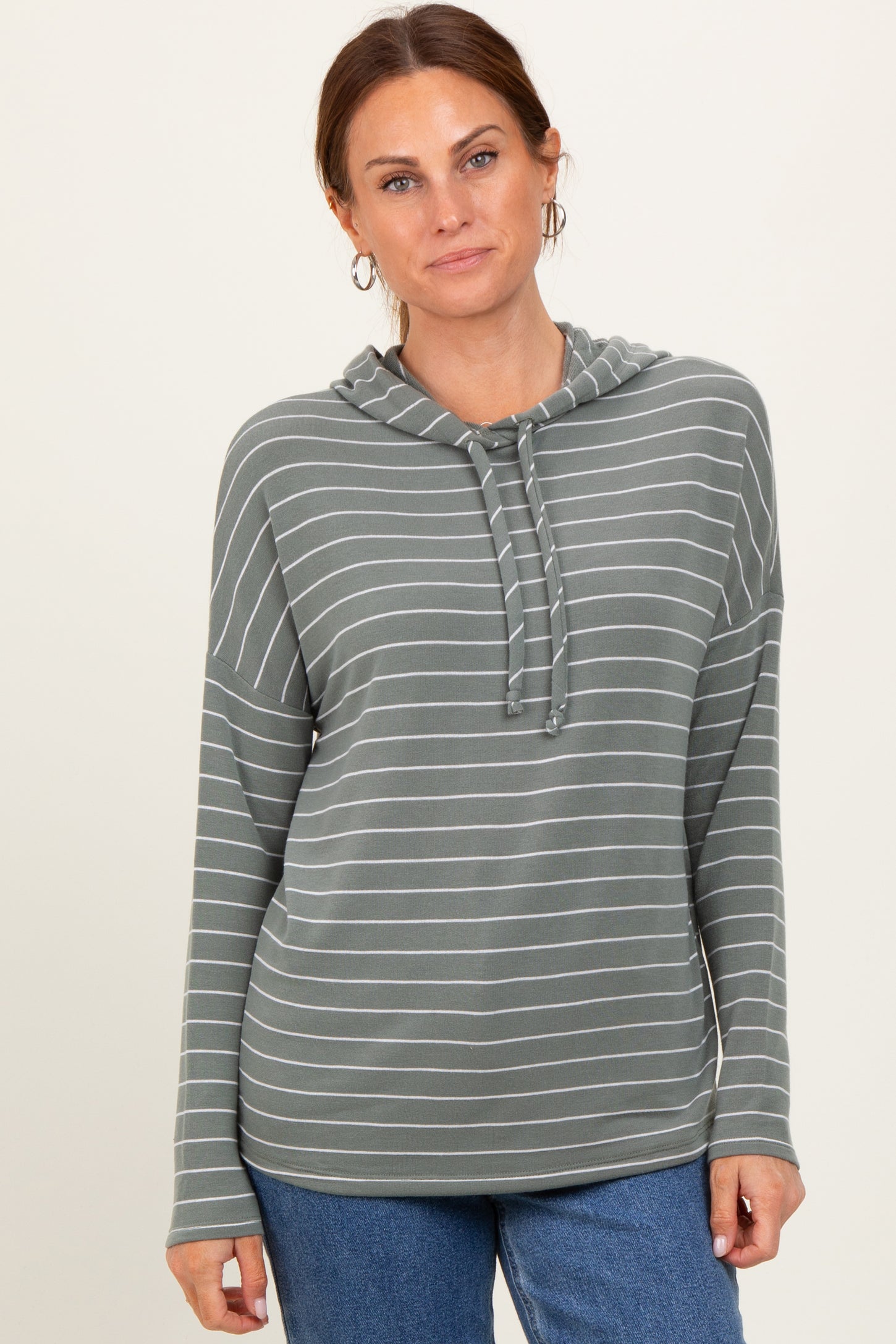 Olive Striped Drawstring Hoodie Maternity Top
