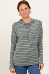 Olive Striped Drawstring Hoodie Top