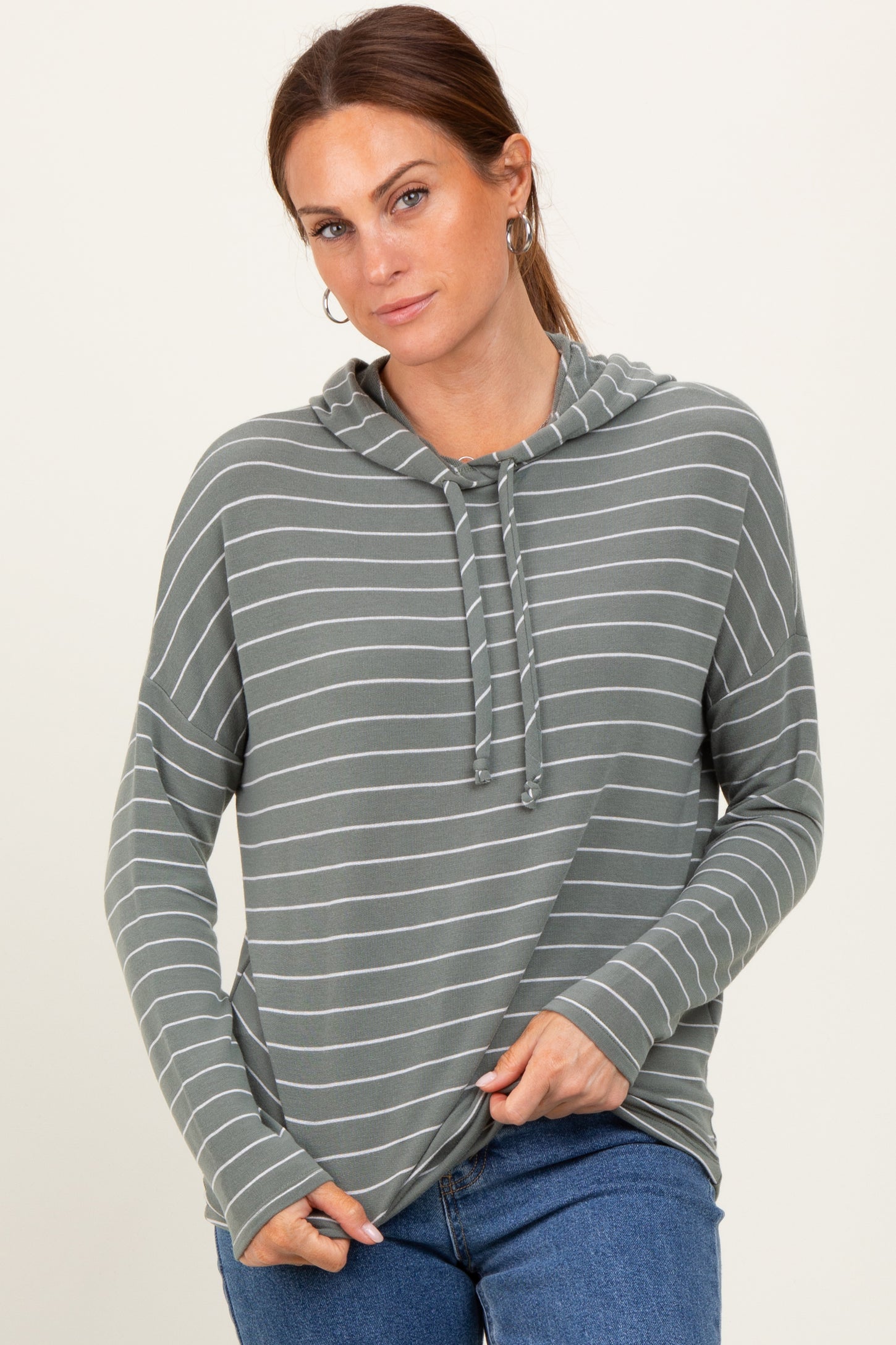 Olive Striped Drawstring Hoodie Top
