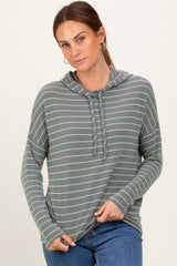Olive Striped Drawstring Hoodie Top