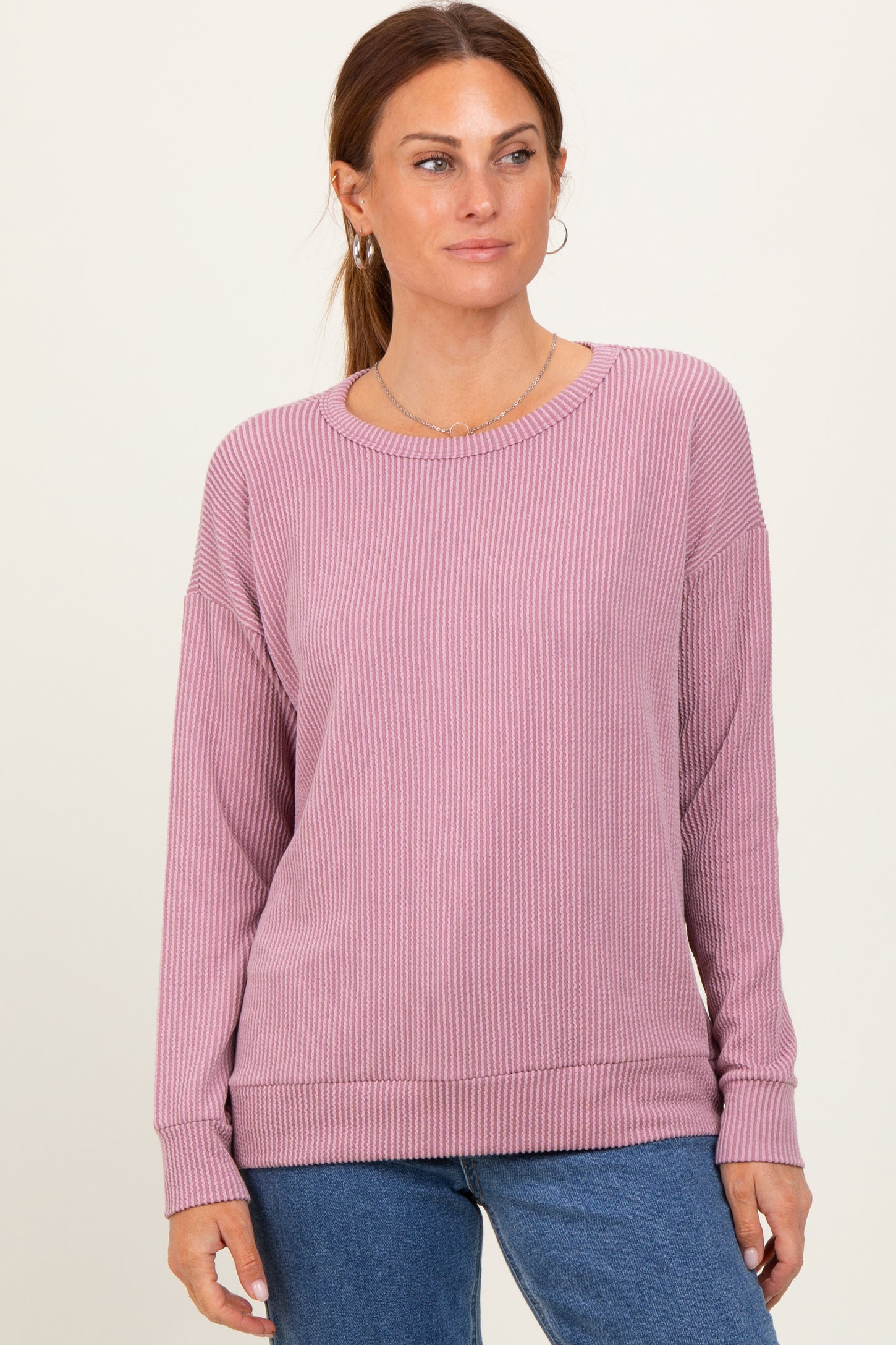 Mauve Ribbed Long Sleeve Pullover Top