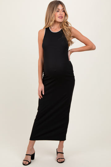 Black Crochet Trim Ribbed Sleeveless Maternity Maxi Dress