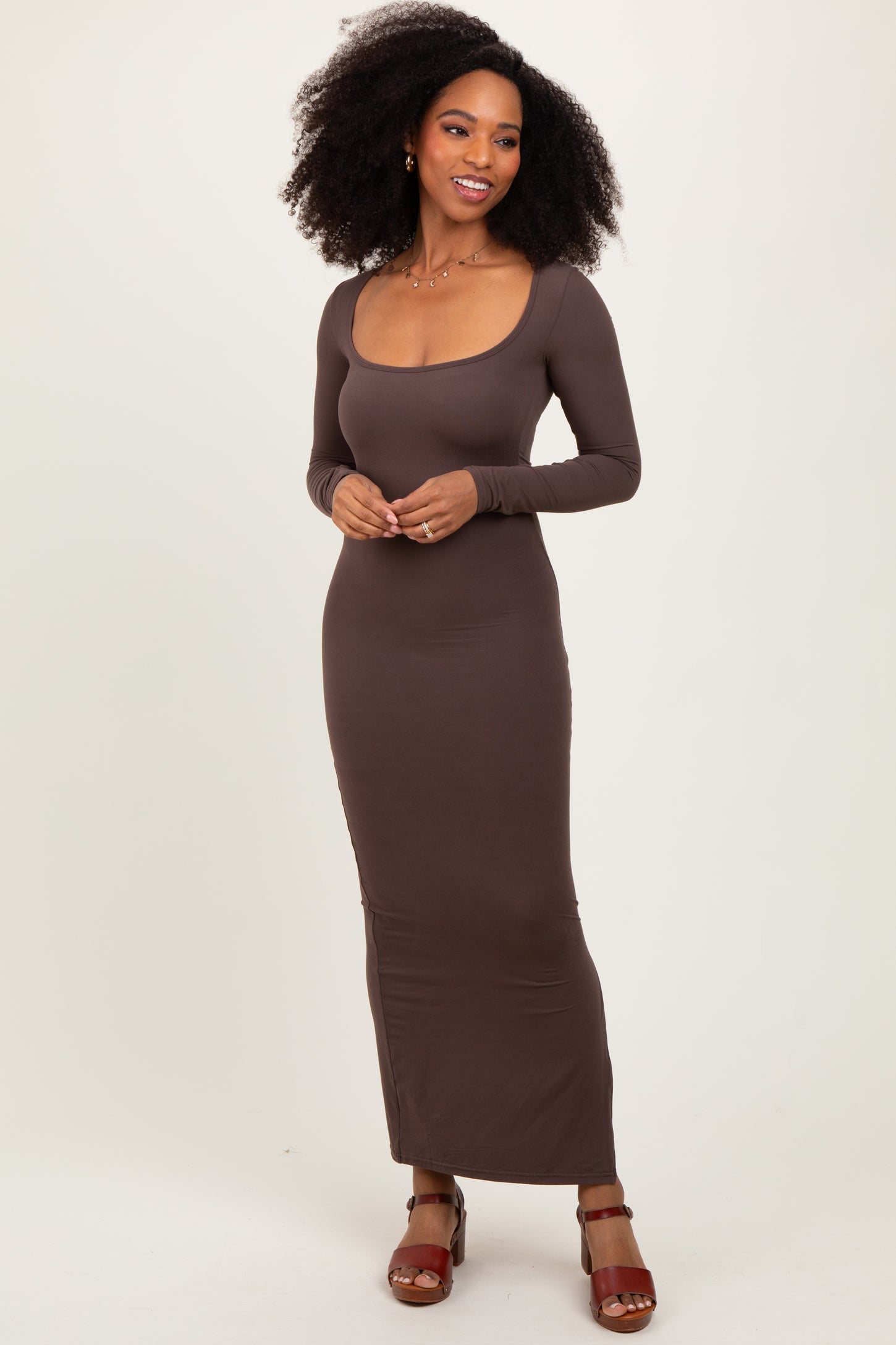Mocha Long Sleeve Side Slit Maxi Dress