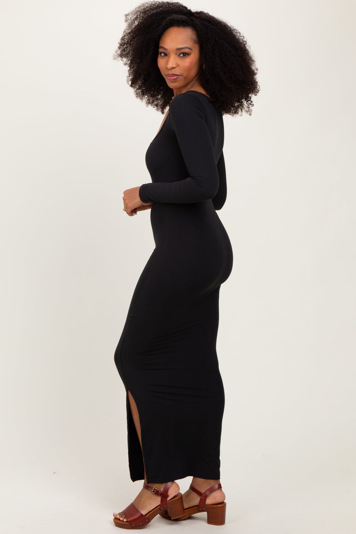 Black Long Sleeve Side Slit Maxi Dress