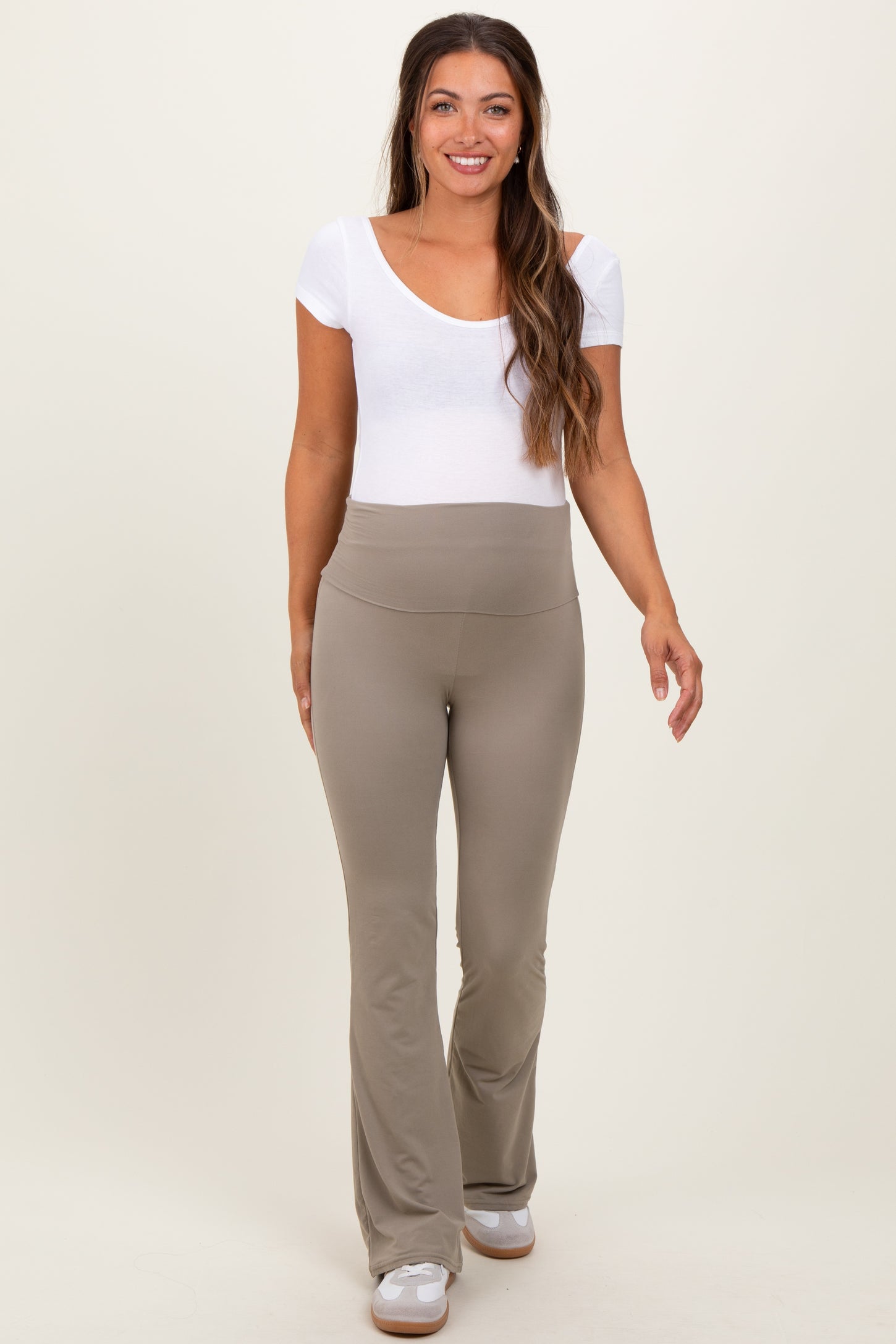 Light Olive Fold Over Waistband Maternity Flared Pants