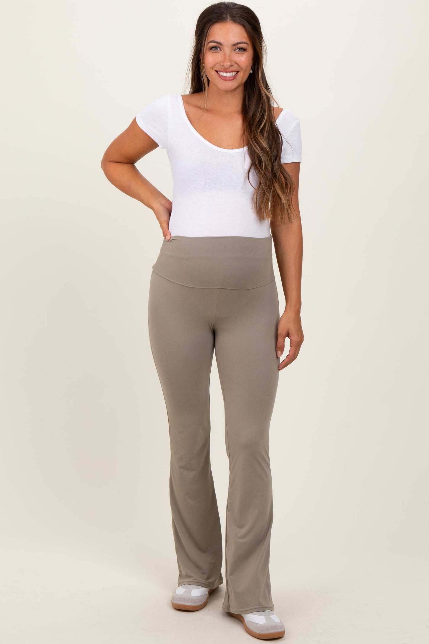 Light Olive Fold Over Waistband Maternity Flared Pants