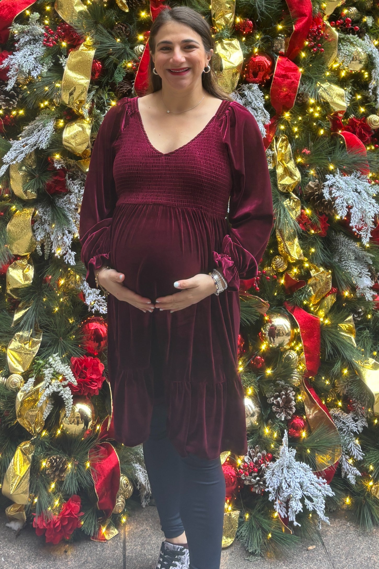 Burgundy Velvet Smocked Maternity Long Sleeve Dress