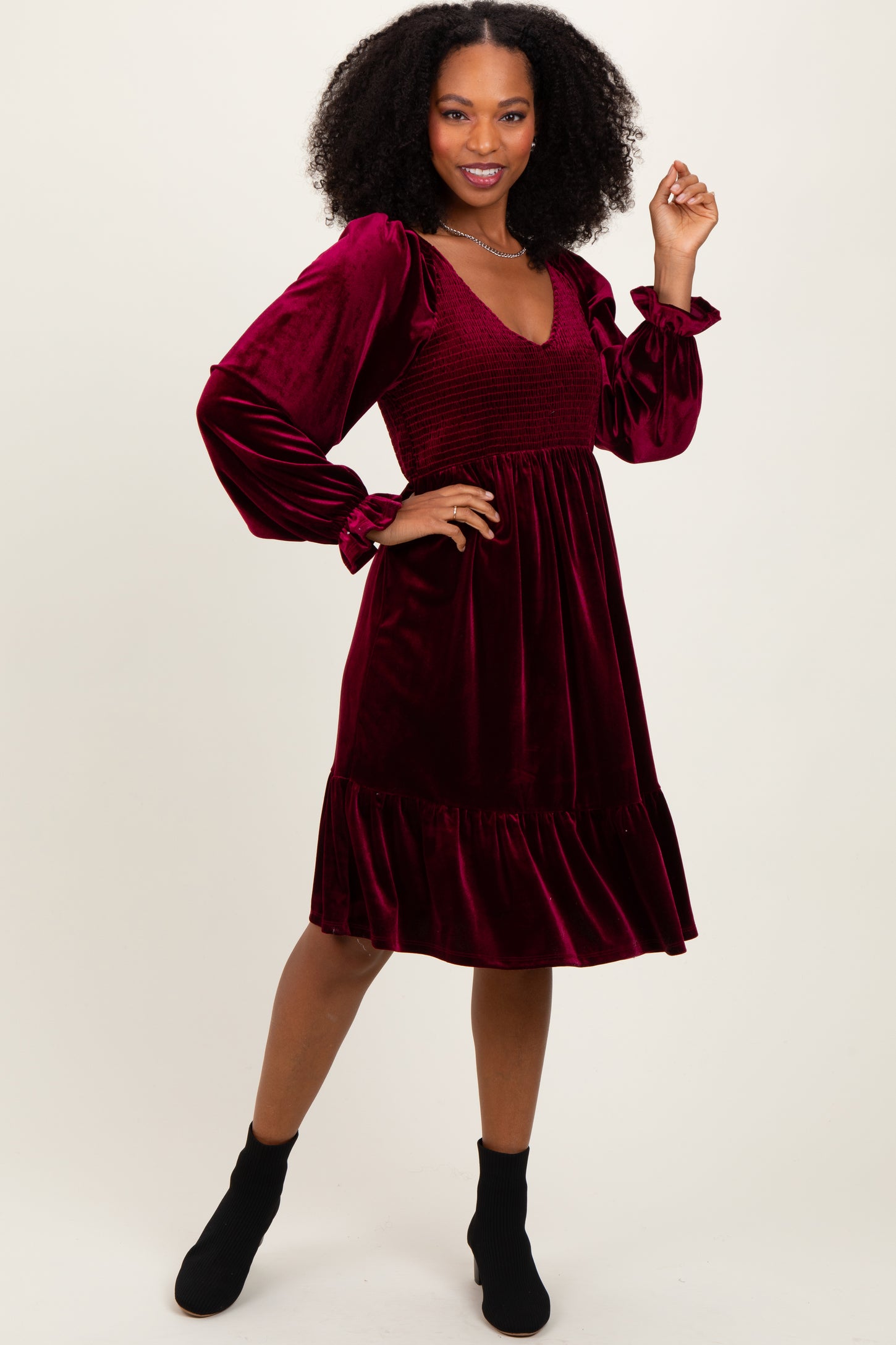 burgundy velvet dress long sleeve Bridesmaid Mermaid Maxi V-Neck or no bra Va Va Voom Burgundy Velvet