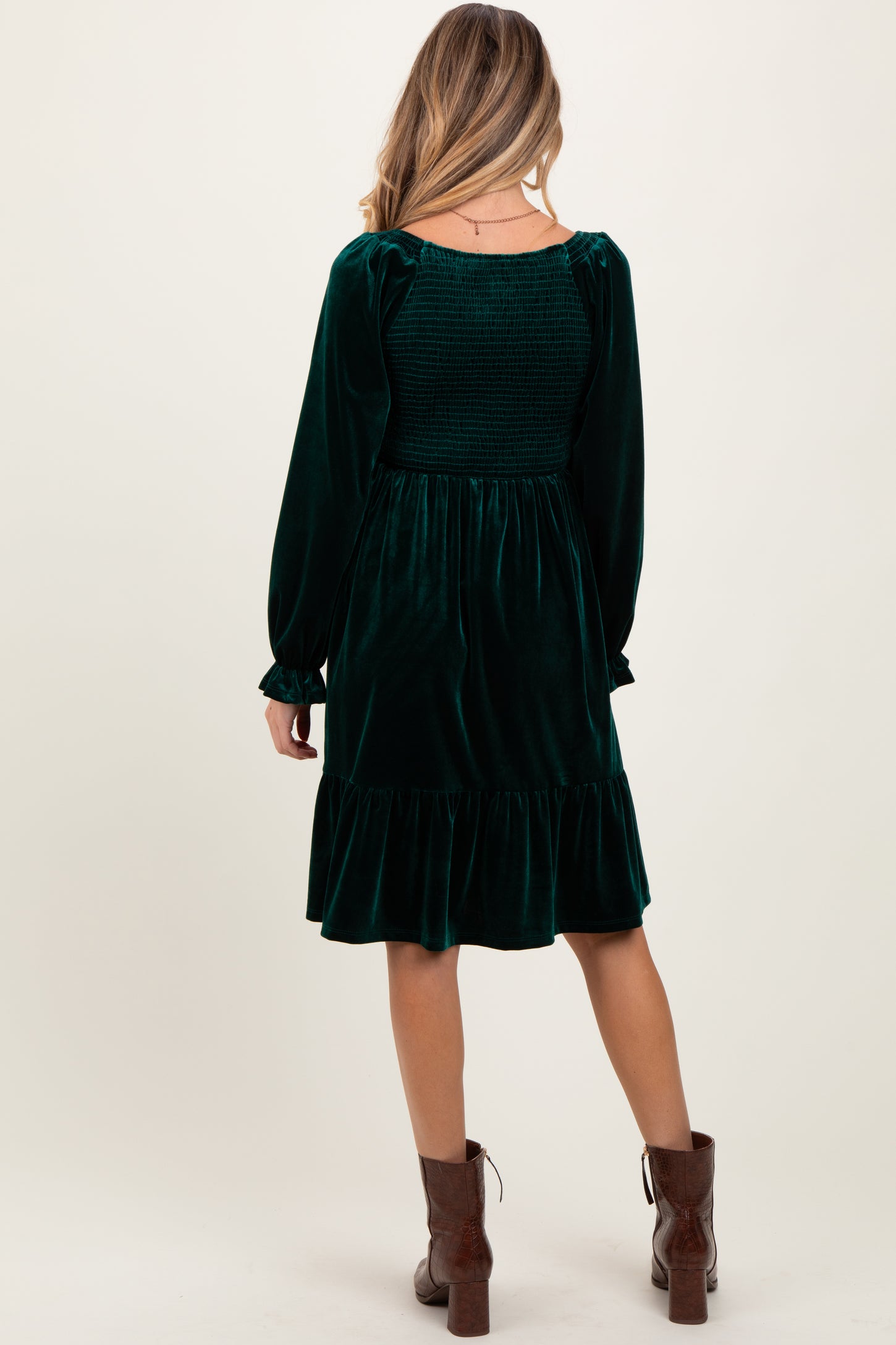 Forest Green Velvet Smocked Maternity Long Sleeve Dress