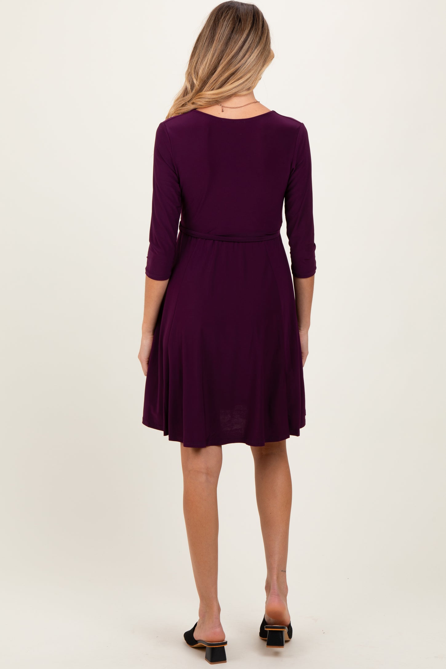 purple wrap dress 3 4 sleeve Chaps Womens Purple 3/4 Sleeve Stretch Ruched Side Deep V-Neck Faux Wrap Dress S