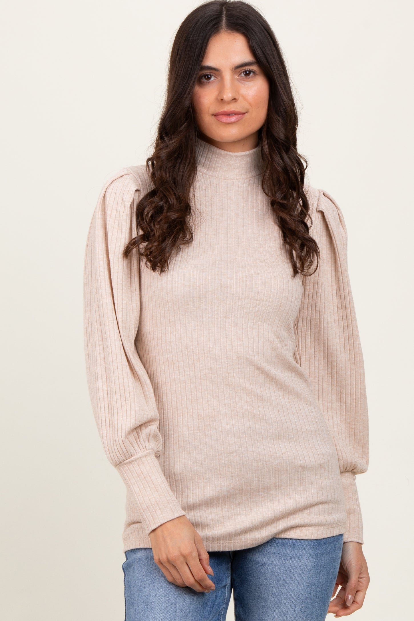 Beige Ribbed Mock Neck Bubble Sleeve Top