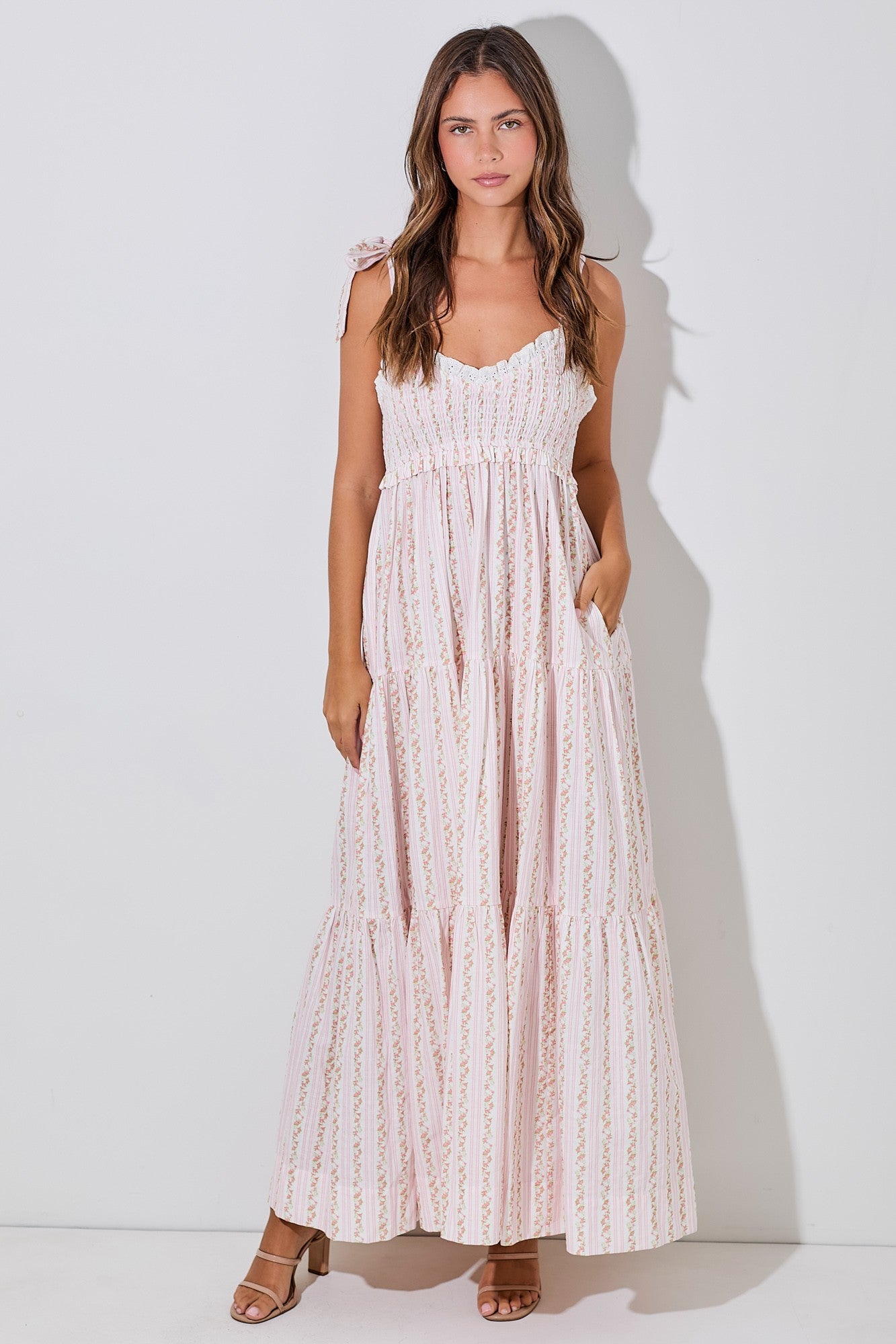 Pink Floral Striped Smocked Shoulder Tie Maxi Dress – PinkBlush