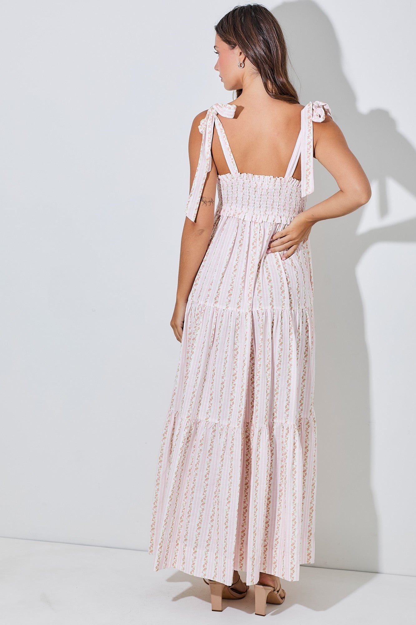 pink and white striped maxi dress Floral Smocked Shoulder Tie breezy dress that combines Ethnicity Gathered Seafoam Blue Color:black-long sleeve Chic Evening Wear