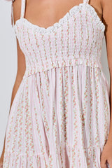 Pink Floral Striped Smocked Shoulder Tie Maxi Dress