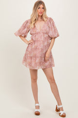 Pink Watercolor Floral Back Tie Puff Sleeve Dress