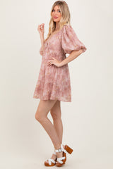 Pink Watercolor Floral Back Tie Puff Sleeve Dress