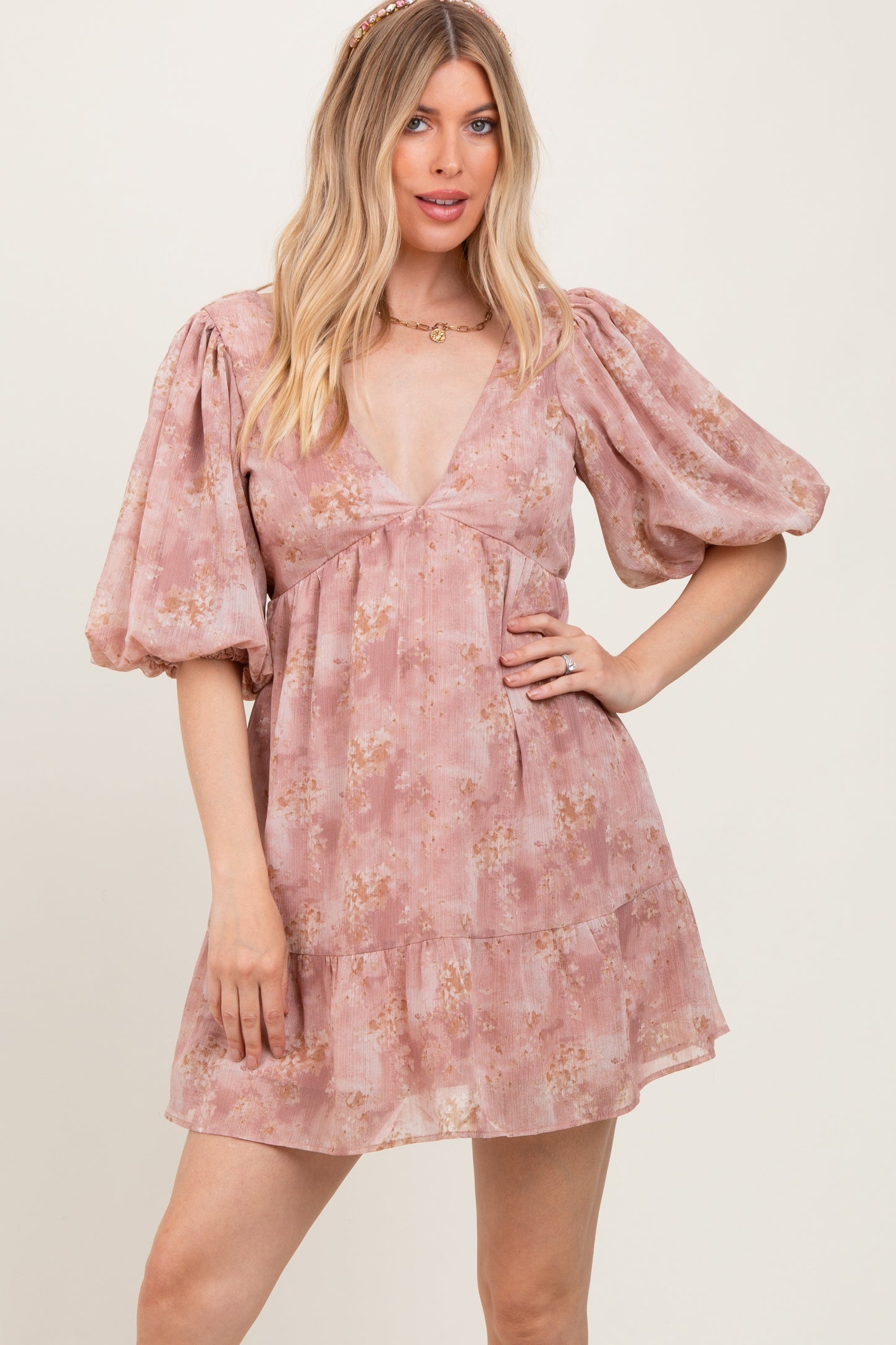 Pink Watercolor Floral Back Tie Puff Sleeve Dress