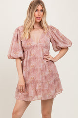 Pink Watercolor Floral Back Tie Puff Sleeve Maternity Dress