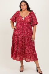 Red Floral Puff Sleeve Tiered Plus Maxi Dress