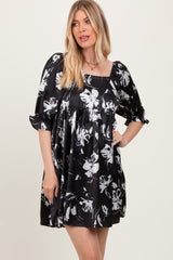 Black Satin Floral Square Neck Mini Dress