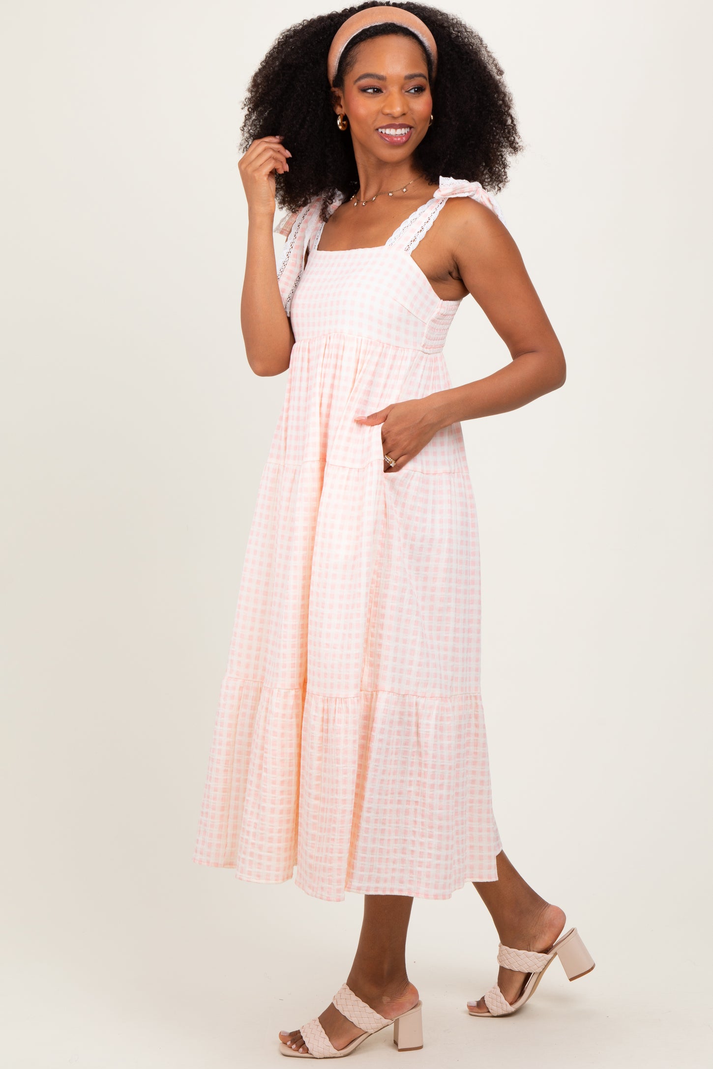 Light Pink Gingham Lace Trim Shoulder Tie Maxi Dress