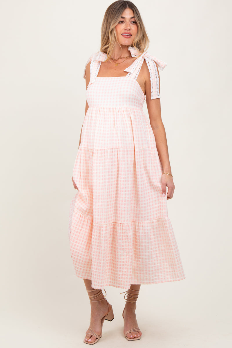 pink white gingham dress Light Pink Gingham Lace Trim Shoulder Tie Maternity Maxi Dress – PinkBlush
