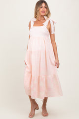Light Pink Gingham Lace Trim Shoulder Tie Maternity Maxi Dress
