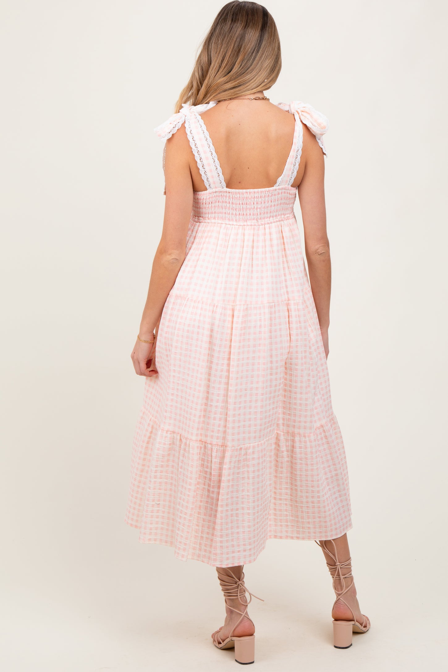 Light Pink Gingham Lace Trim Shoulder Tie Maternity Maxi Dress