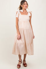 Camel Gingham Lace Trim Shoulder Tie Maternity Maxi Dress
