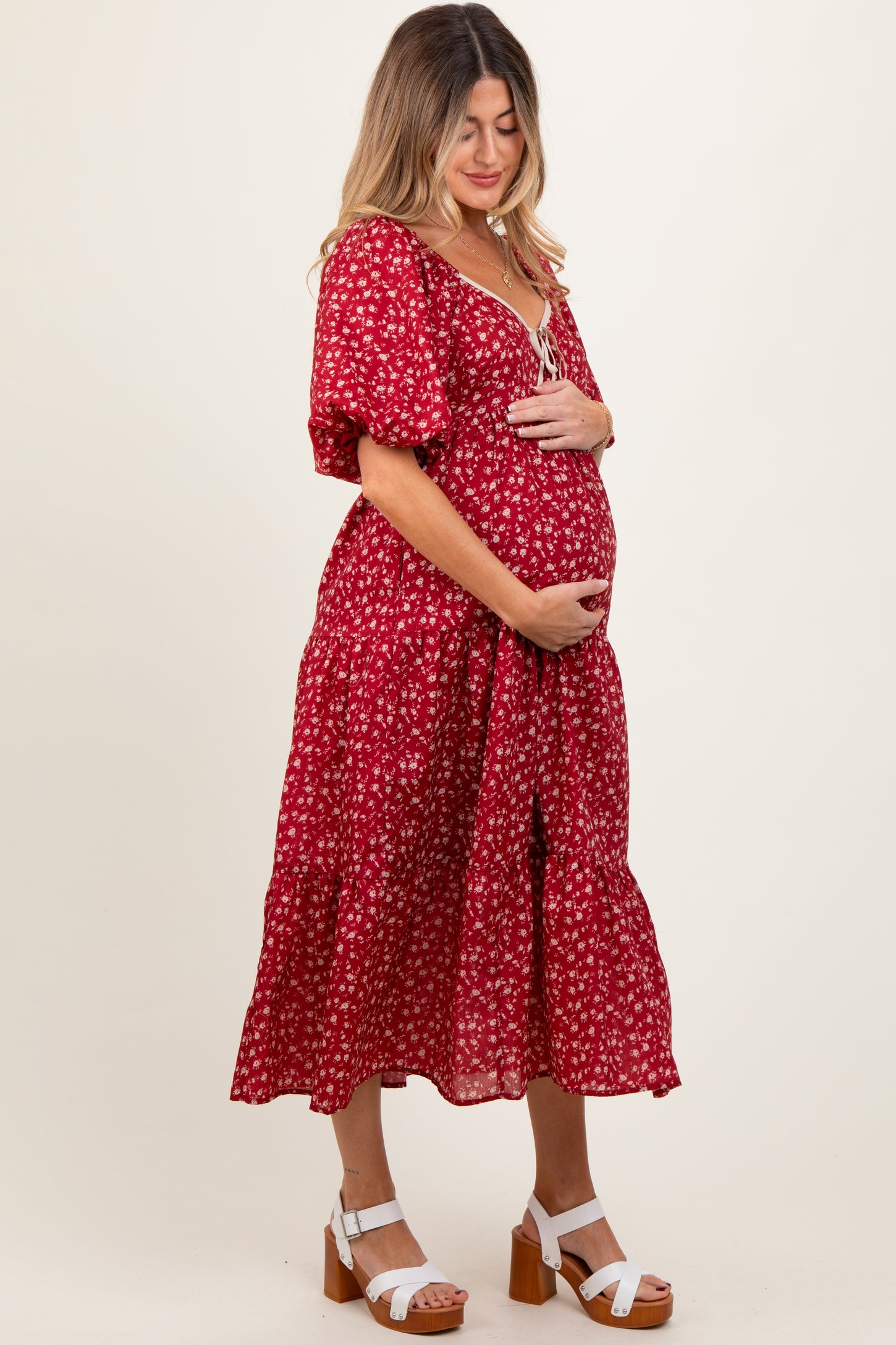 Red Floral Puff Sleeve Tiered Maternity Maxi Dress