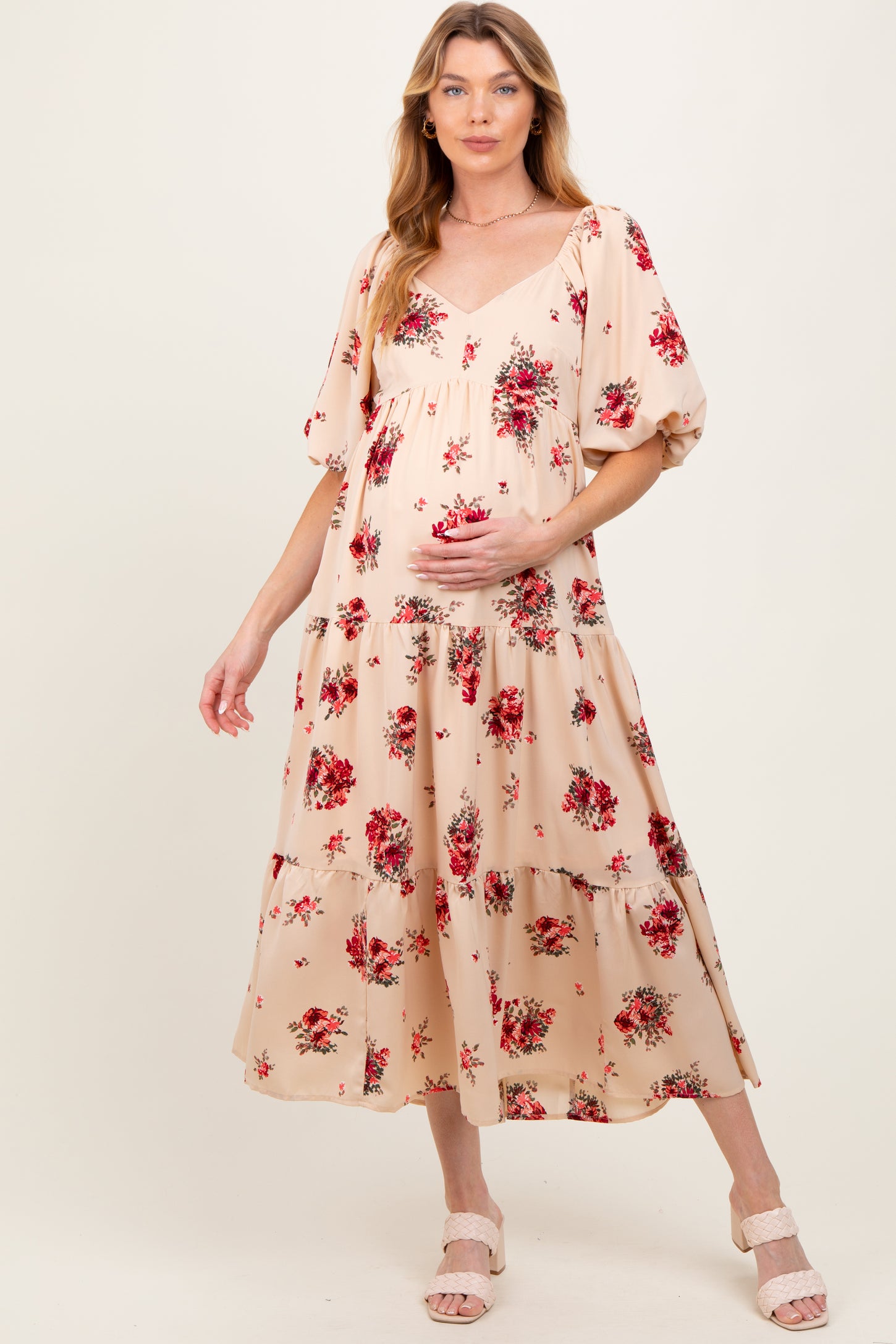 Cream Floral Puff Sleeve Maternity Tiered Maxi Dress