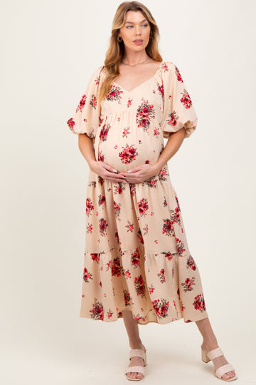 Cream Floral Puff Sleeve Maternity Tiered Maxi Dress