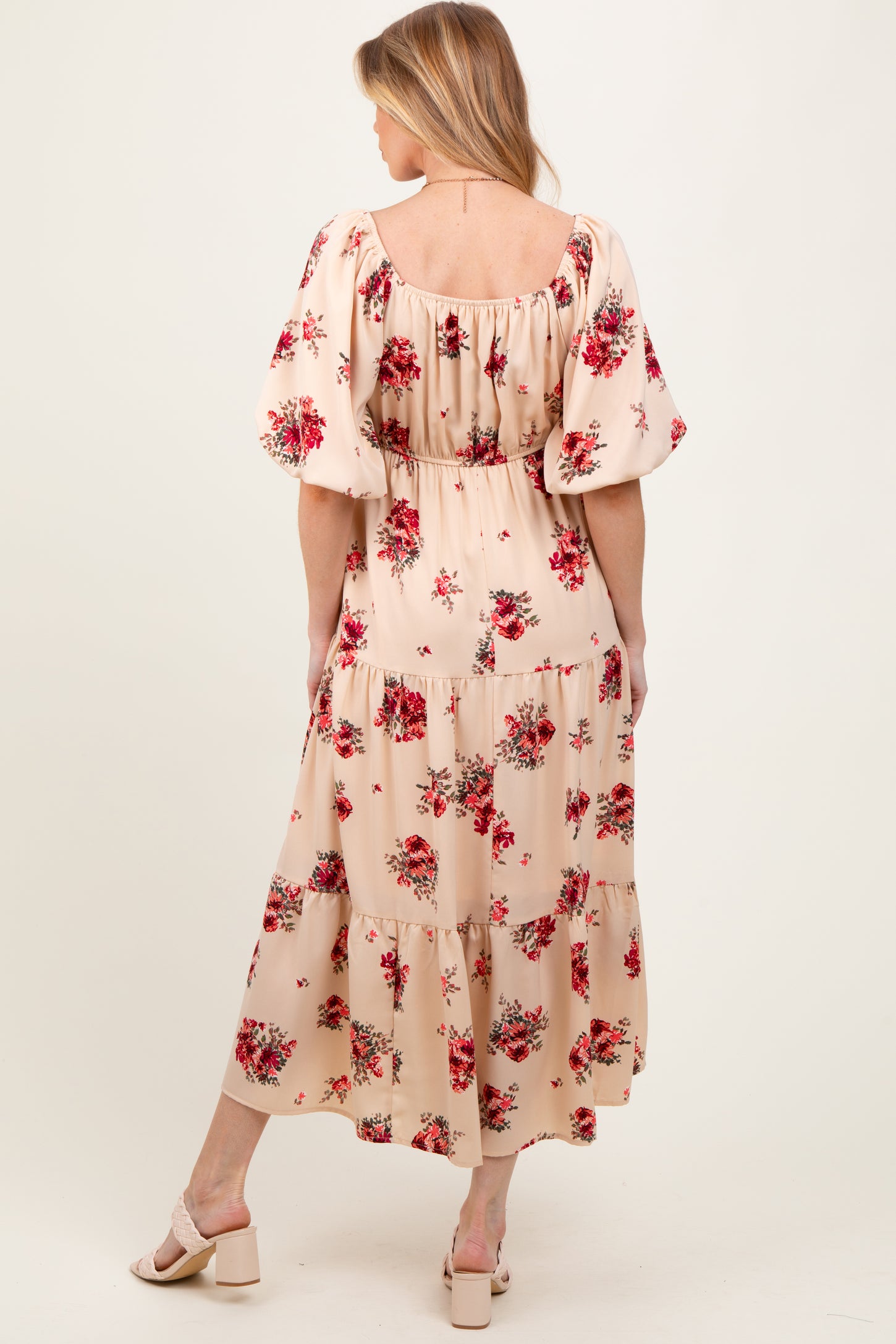 Cream Floral Puff Sleeve Maternity Tiered Maxi Dress