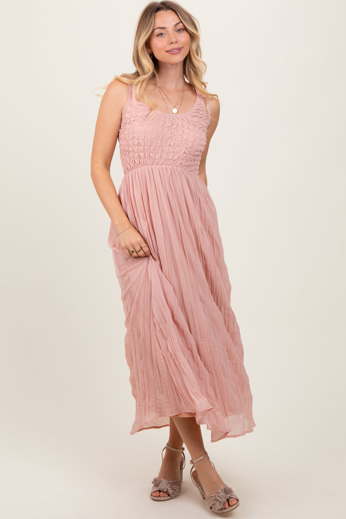 Light Pink Textured Smocked Bodice Sleeveless Maternity Maxi Dress PinkBlush Light Pink Textured Smocked Bodice Sleeveless Maternity Maxi Dress PinkBlush