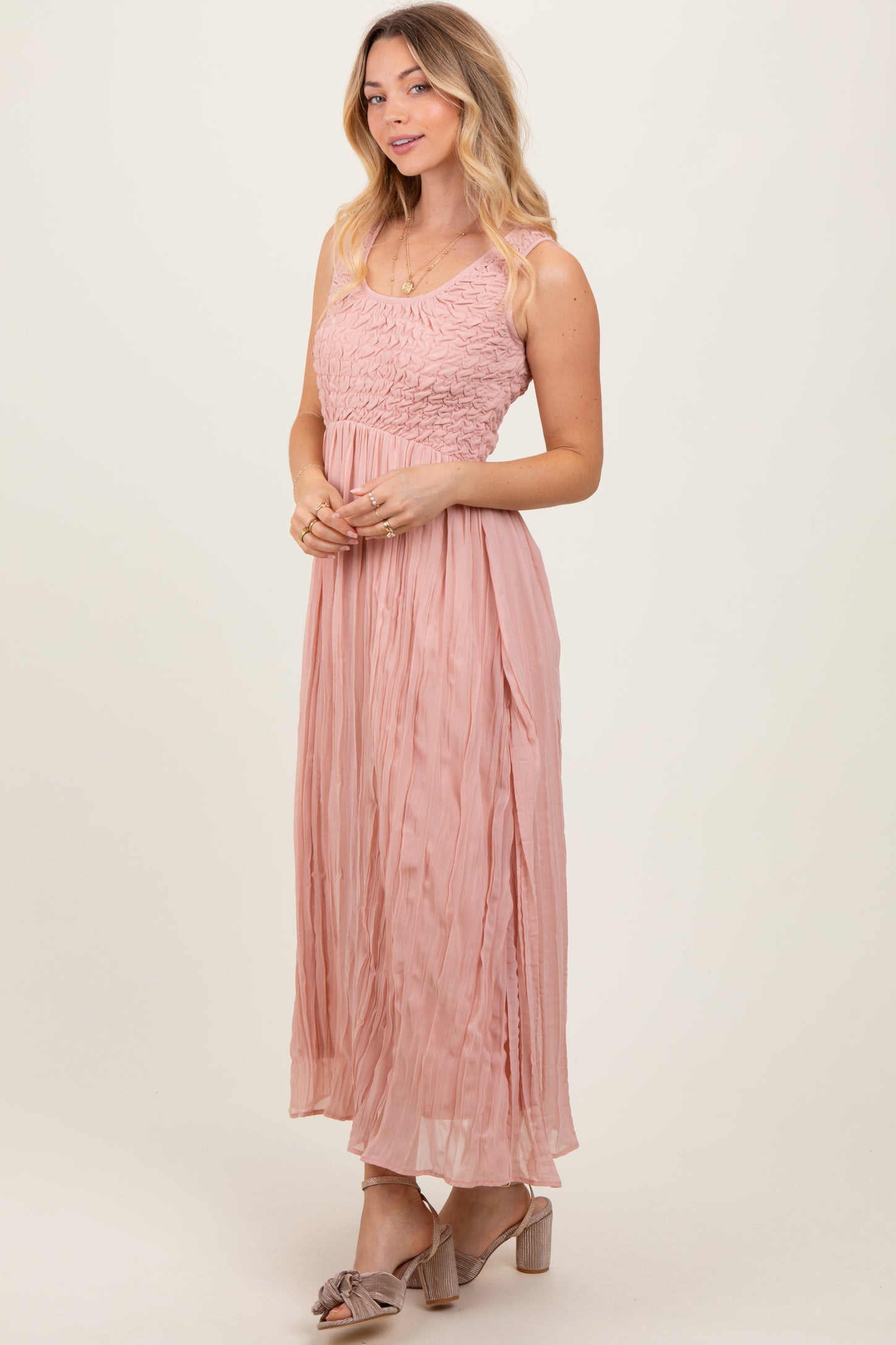 Light Pink Textured Smocked Bodice Sleeveless Maxi Dress PinkBlush Light Pink Textured Smocked Bodice Sleeveless Maxi Dress PinkBlush