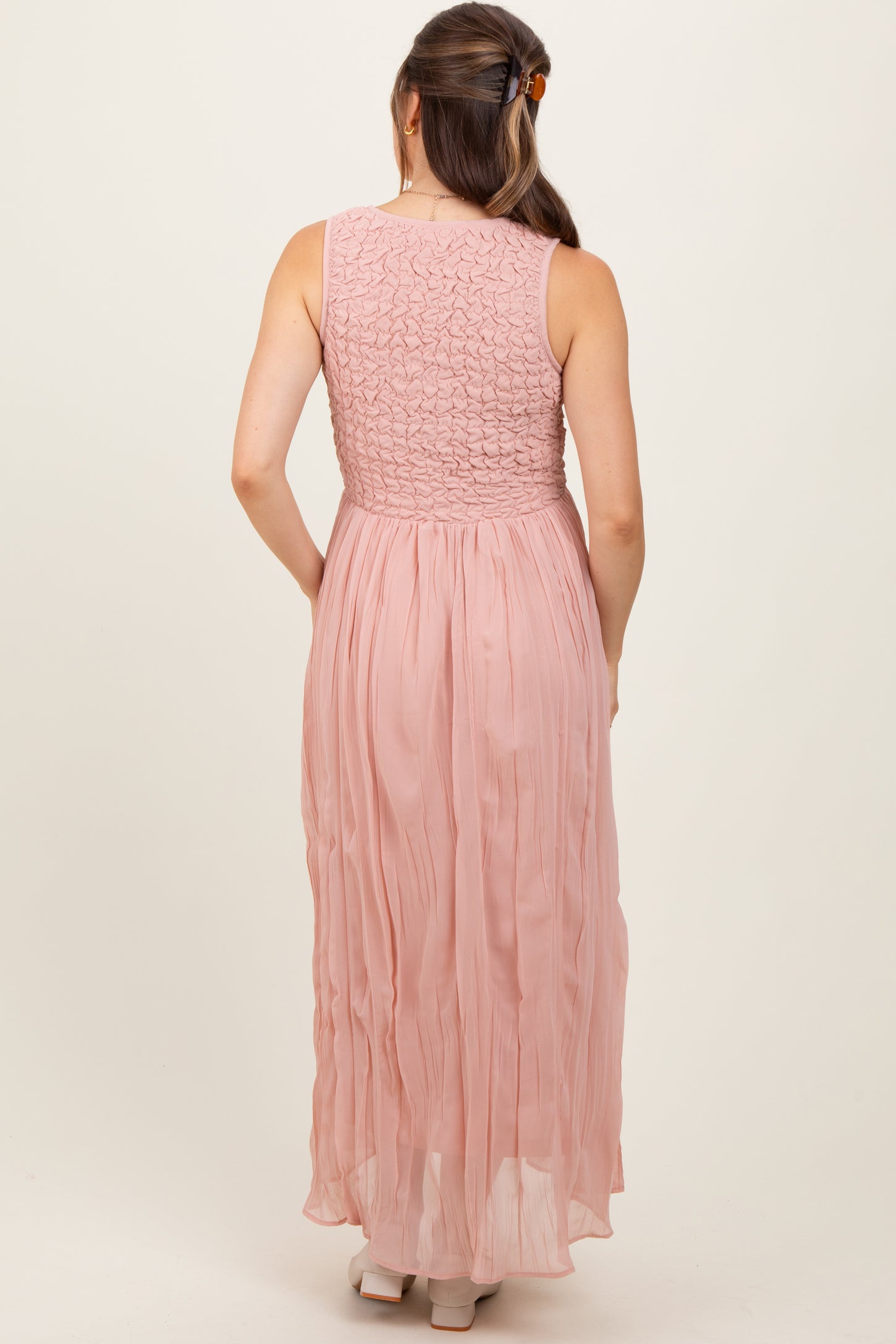 Light Pink Textured Smocked Bodice Sleeveless Maternity Maxi Dress Light Pink Textured Smocked Bodice Sleeveless Maternity Maxi Dress
