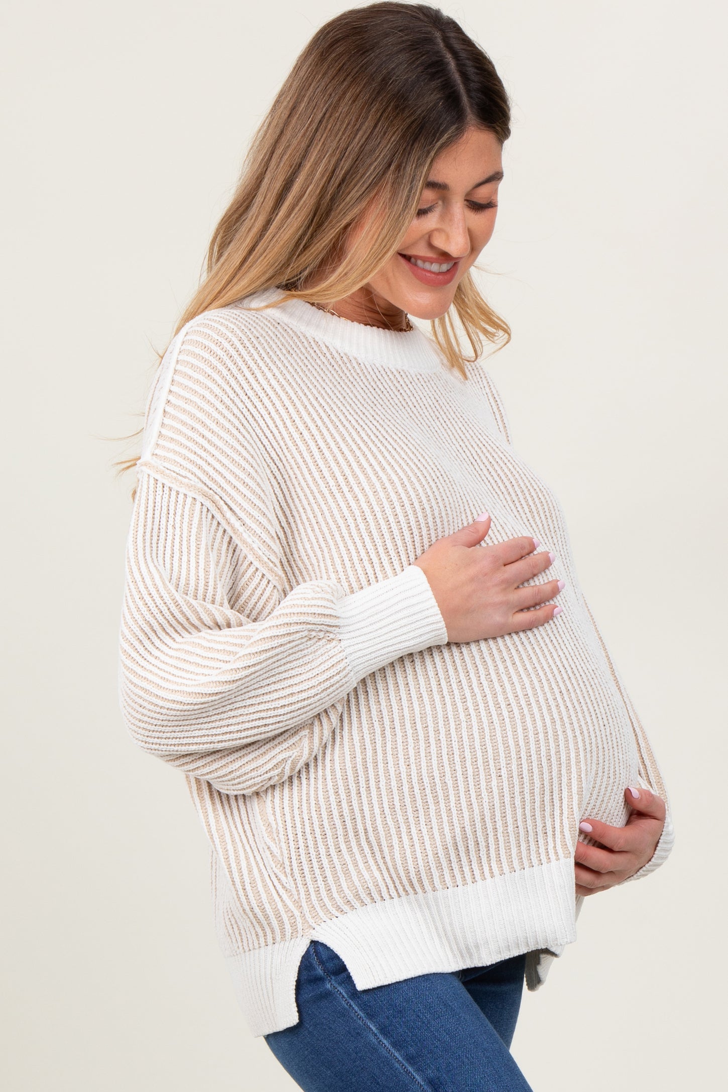 Taupe Ribbed Balloon Sleeve Maternity Sweater