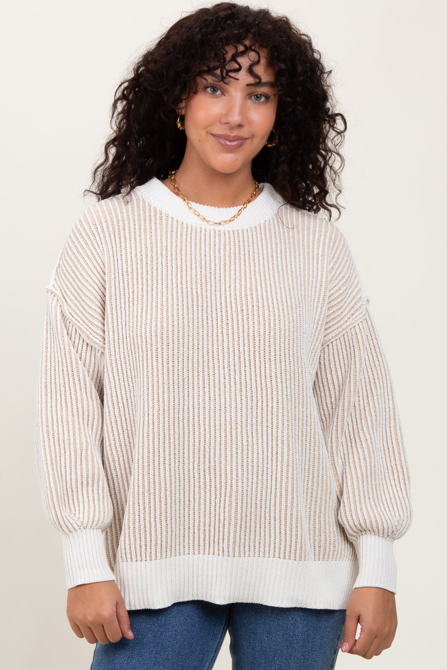 Taupe Ribbed Balloon Sleeve Maternity Sweater