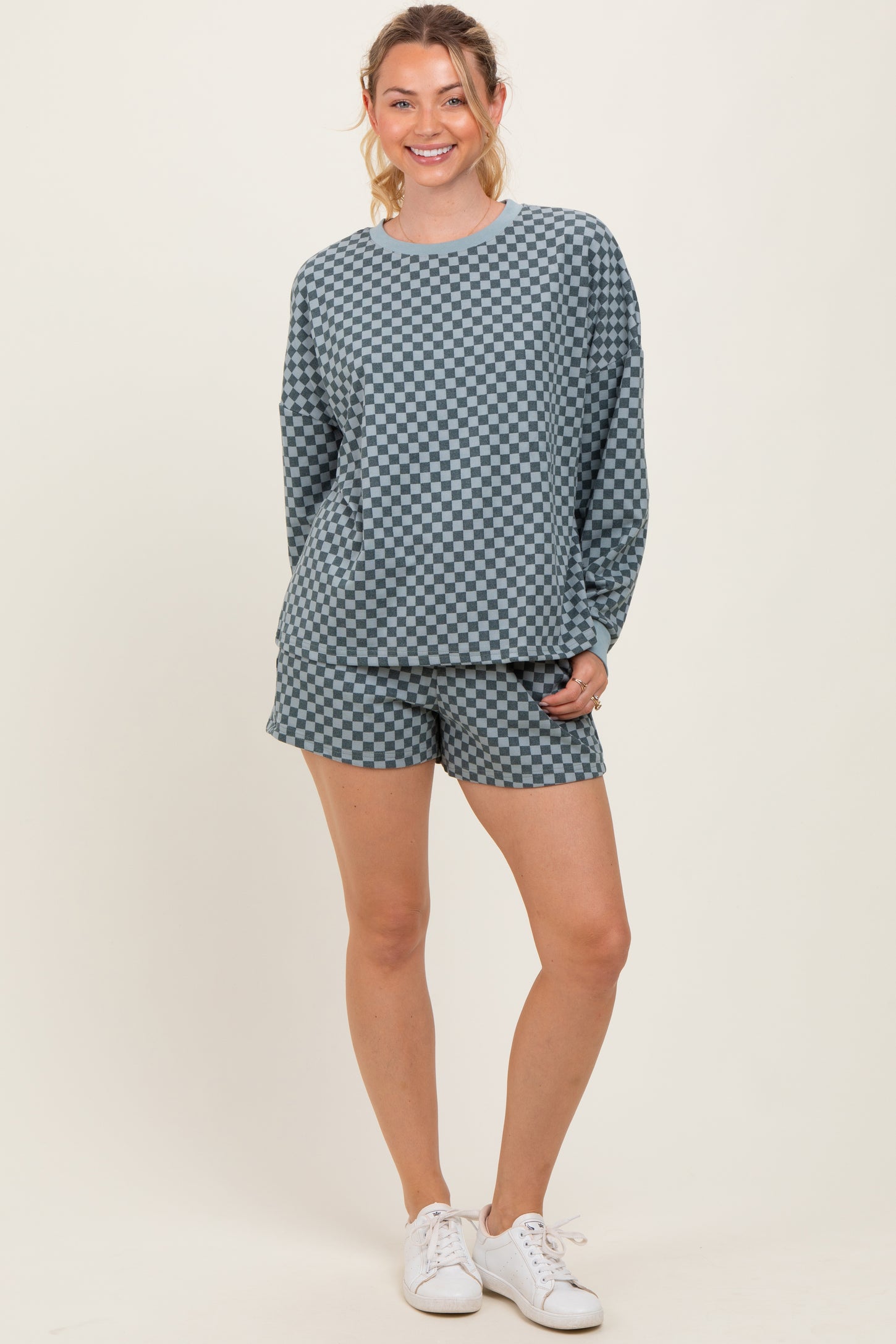 Dark Teal Checkered Plaid Pullover Shorts Maternity Set