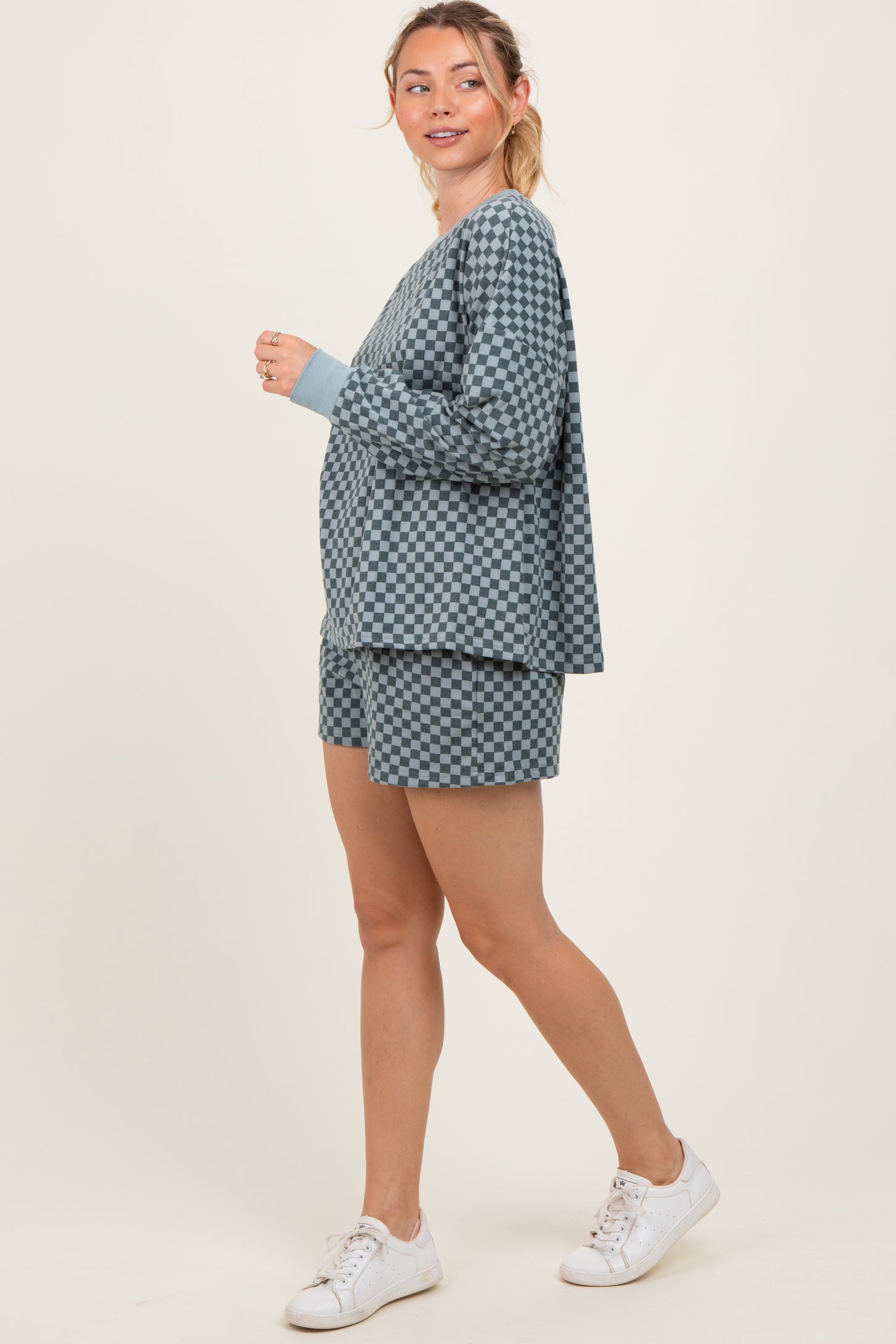 Dark Teal Checkered Plaid Pullover Shorts Set