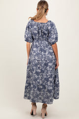 Navy Floral Tiered Puff Sleeve Maternity Midi Dress