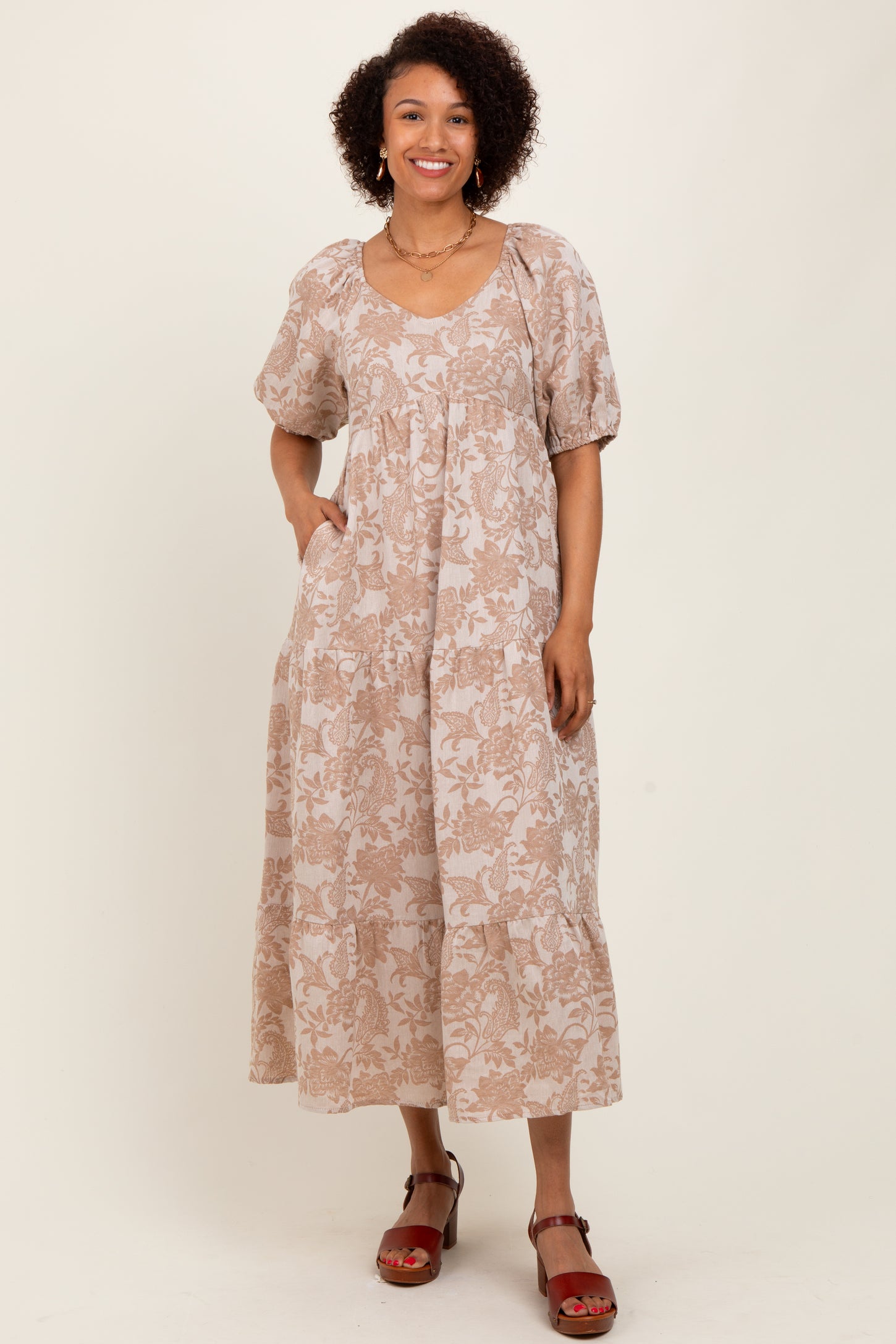 Camel Floral Tiered Puff Sleeve Midi Dress